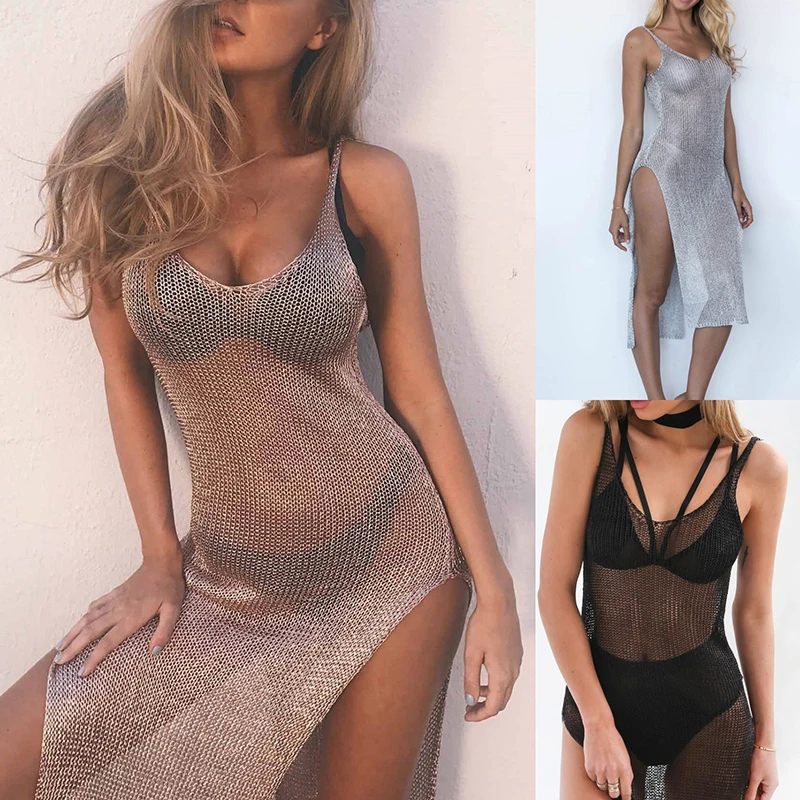 

2024 Women's Sexy Mesh Knitted Glitter Bikini Beach Cover Ups Spaghetti Strap Casual Sundresses Sleeveless Round Neck Sexy Vest