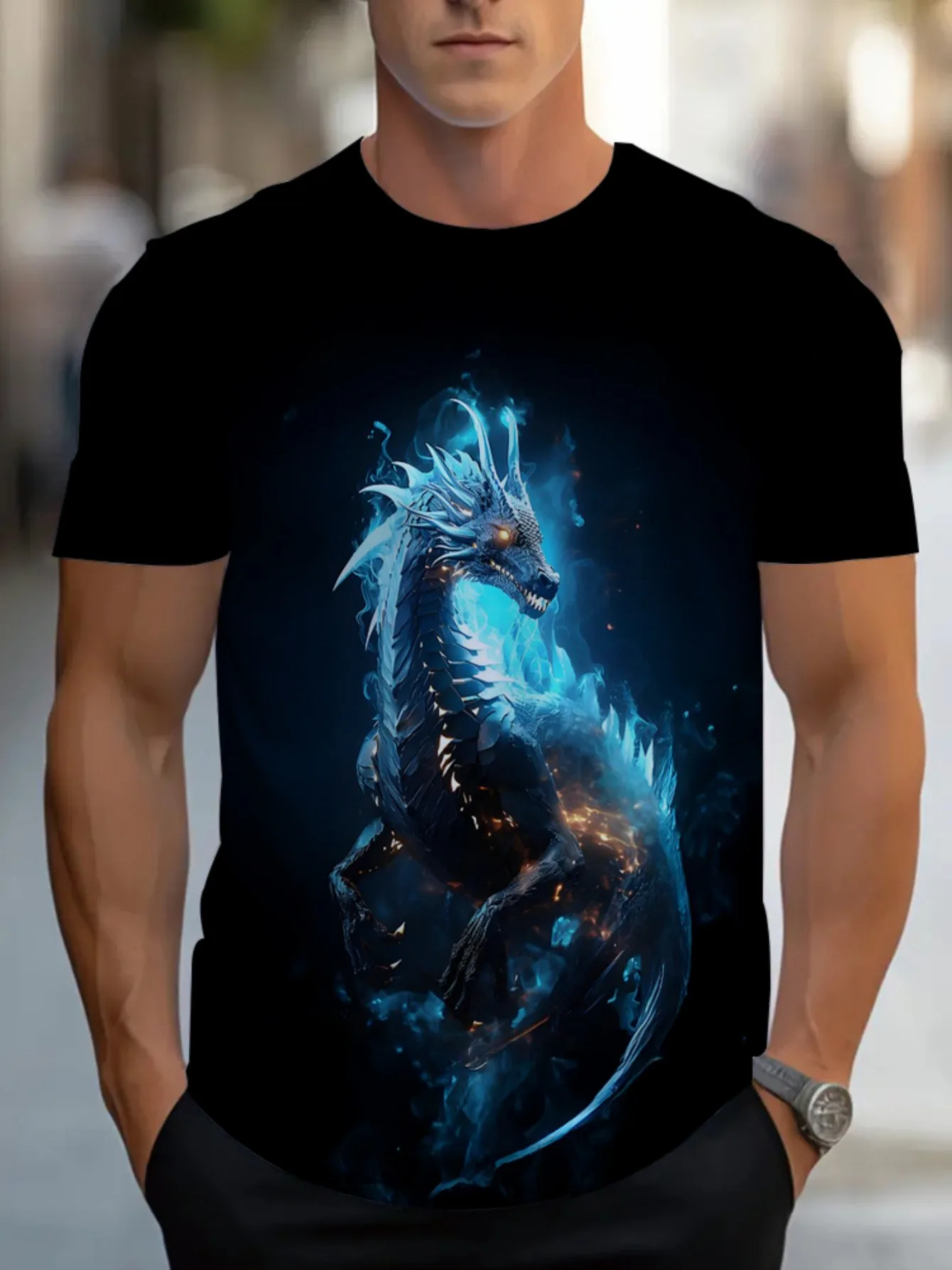 T-shirt léger pour homme à imprimé dragon bleu - Chemise d'été à manches courtes de couleur foncée avec motif dragon, coupe classique, vêtement décontracté