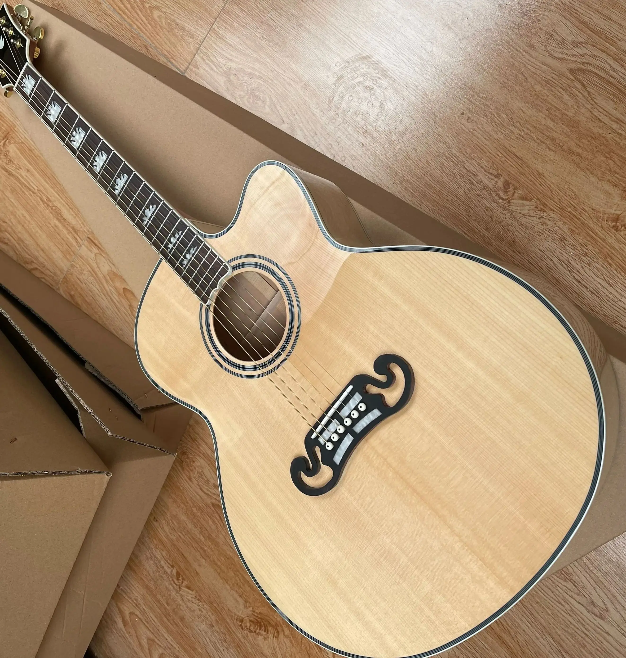 New Arrive 43# SJ200 Acoustic (Electric) Guitar Missing Angle J200 Ebony Fretboard/Bridge,Bone Nut/Saddle  In Natural 20240115