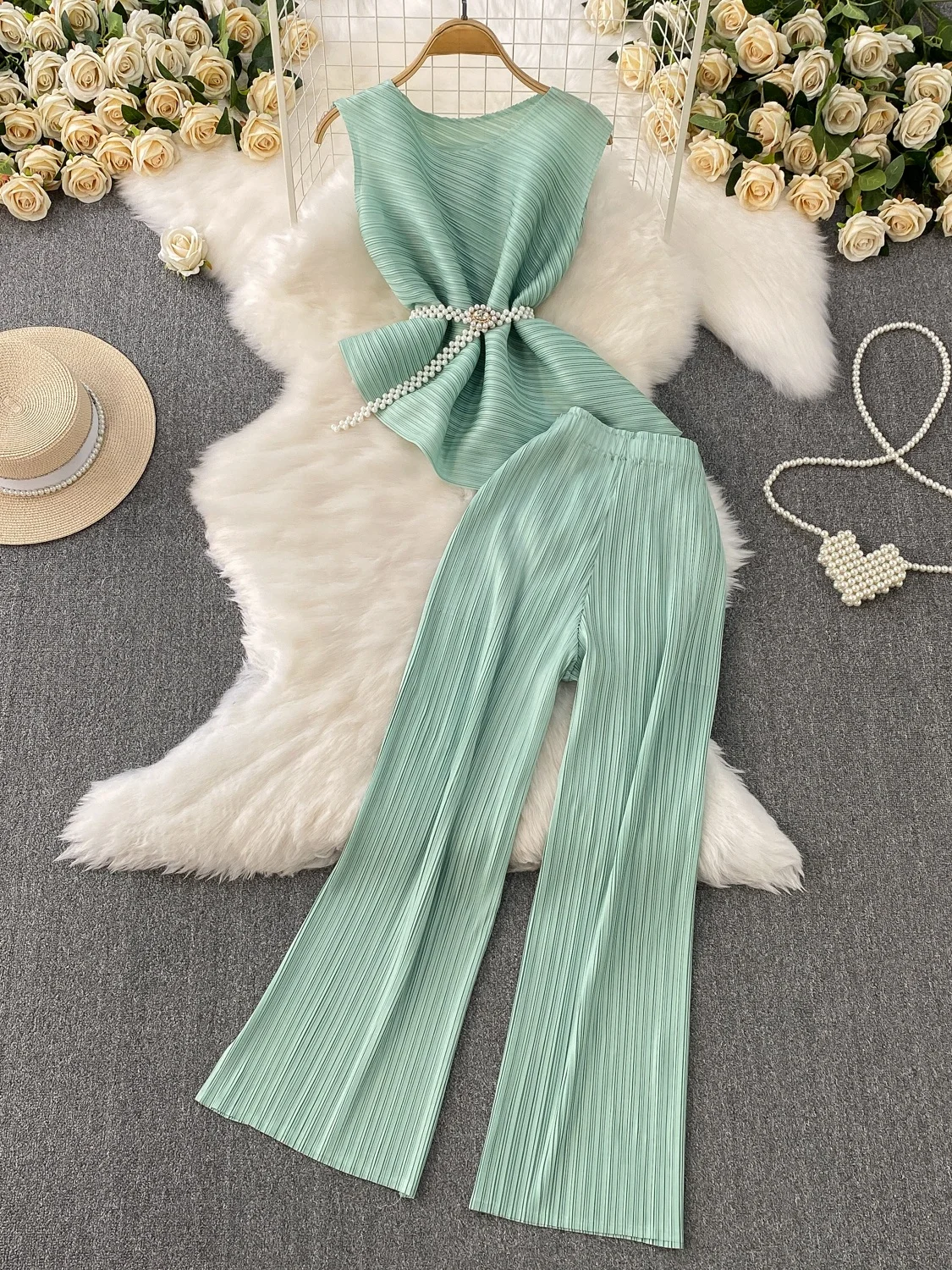 

High-End Pure Color Vest Wide Leg Pants Two-Piece Set Irregular Waist-Cinching Svel Top for Young Women 8-25 Years Old