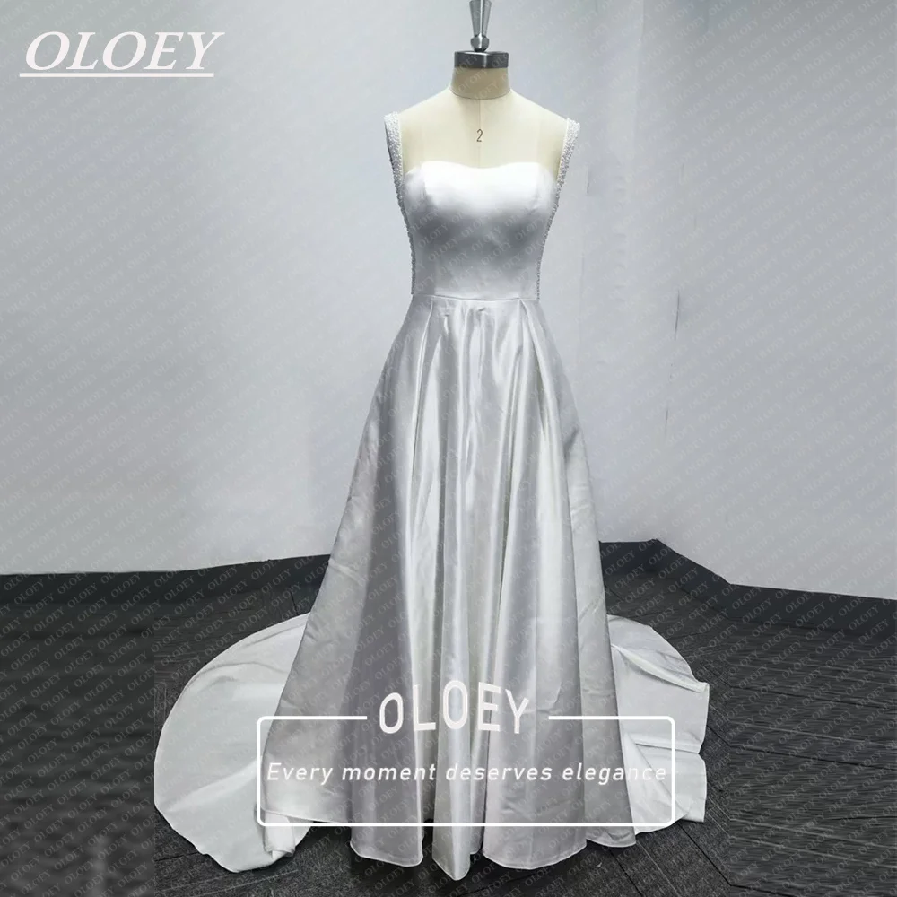 OLOEY Simple Satin Wedding Dresses Pearls Spaghetti Straps Floor Length A Line Bride Gowns Button Customized Vestido De Noiva