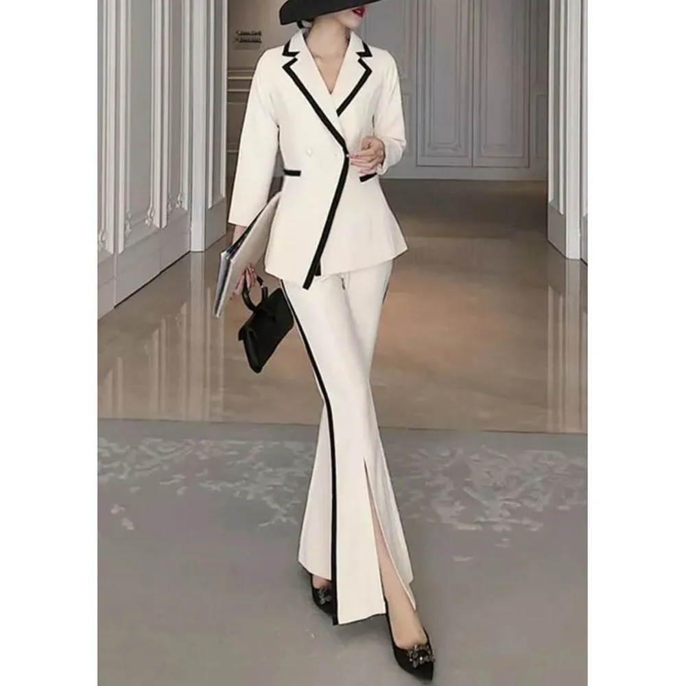 

Elegant Women Suits Fashion Double Breasted Notch Lapel Suit 2 Piece Slim Daily Casual Wedding Party Pants Sets (Jacket+Pants)