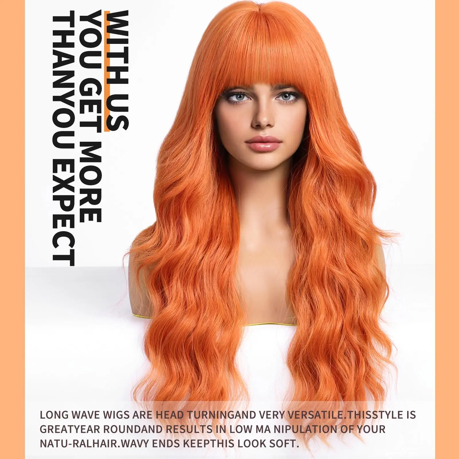 Orange 26-Inch Synthetic Wig with Big Waves for Halloween Cosplay, Role-Playing, Daily Party, High-Temperature Hair Accessory.