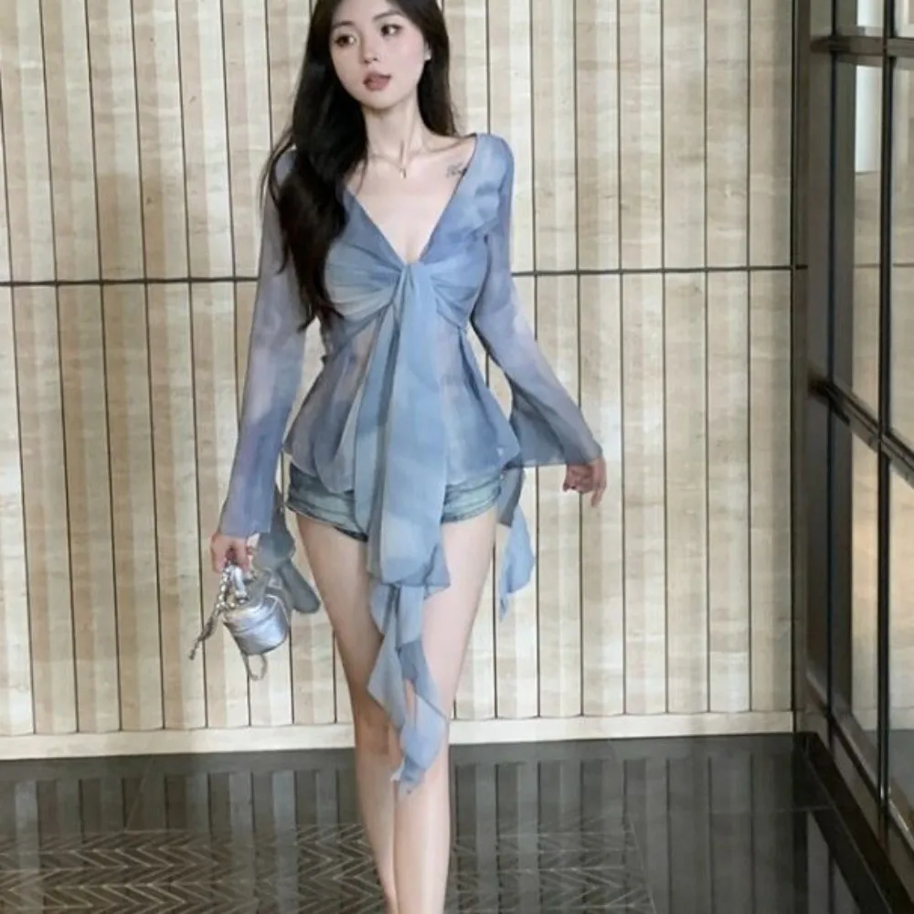 스트리트웨어 해파리 메쉬 벨트 티셔츠 엘프 긴팔 한국 Y2K 슬림핏 크롭탑 플리츠 칼라 투명