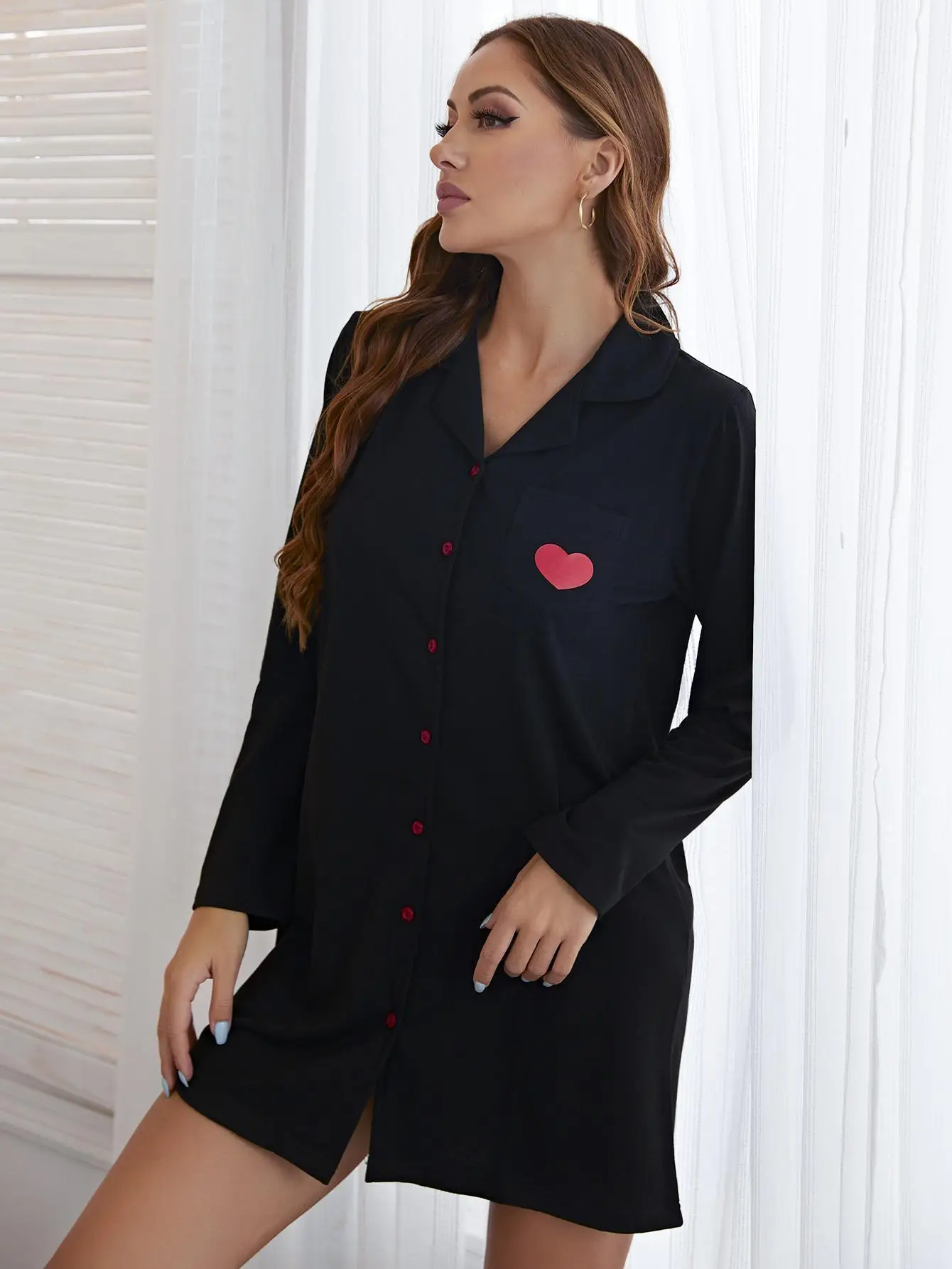 Heart Print Women\'s Pajamas Dress Front Button Down Black Sleepwear Notched Collar Nightgown Long Sleeve Nightwear Homewaer Suit