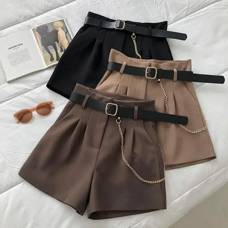 

Korean with Belt Women Suit Shorts Y2K Summer High Waist Solid Color A Line Shorts Loose Streetwear All Match Wide Leg Pants