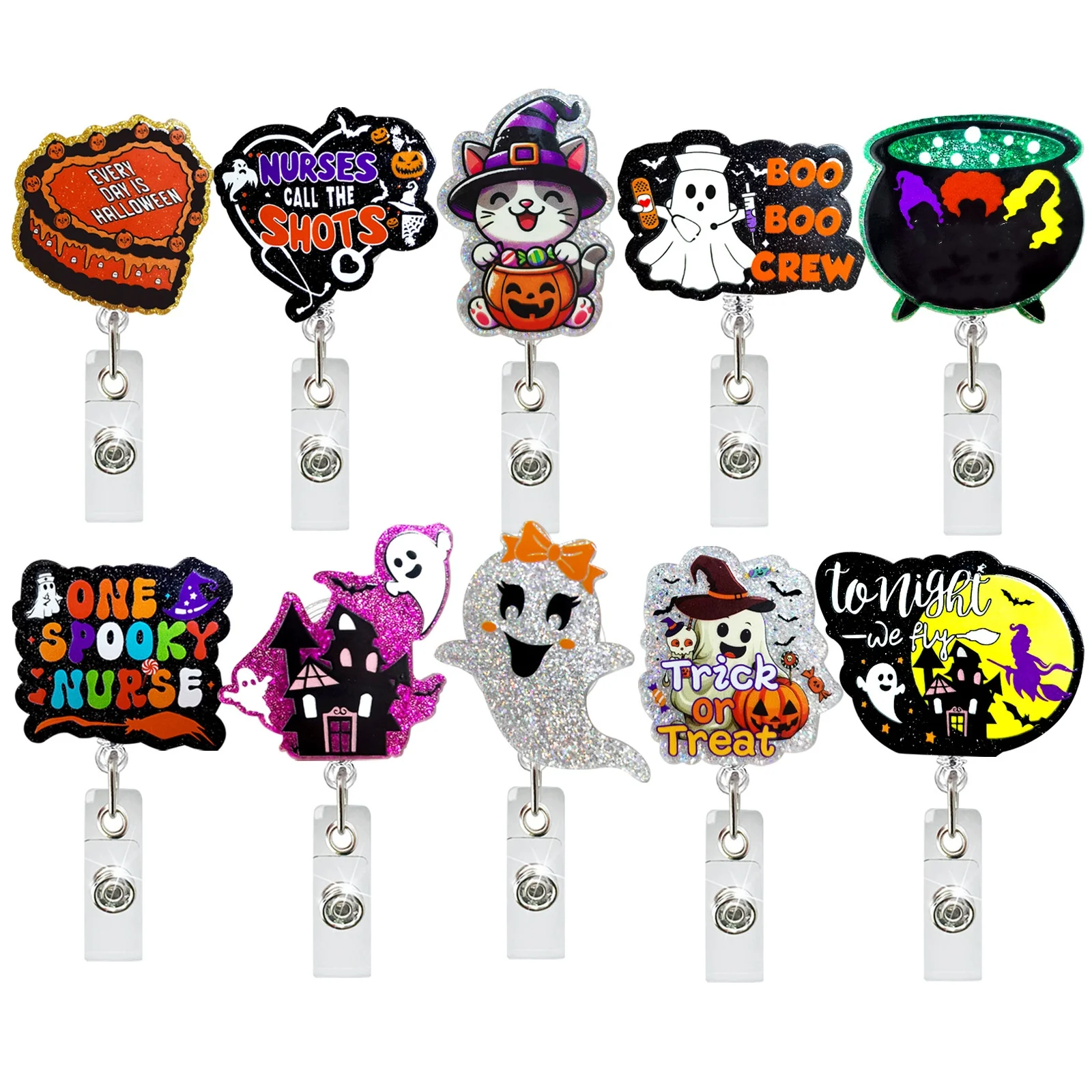 

Acrylic Glitter Halloween Ghost Pumpkin Cat Retractable Badge Reel Rotating ID Badge Holder Crocodile Clip for Doctor and Nurse