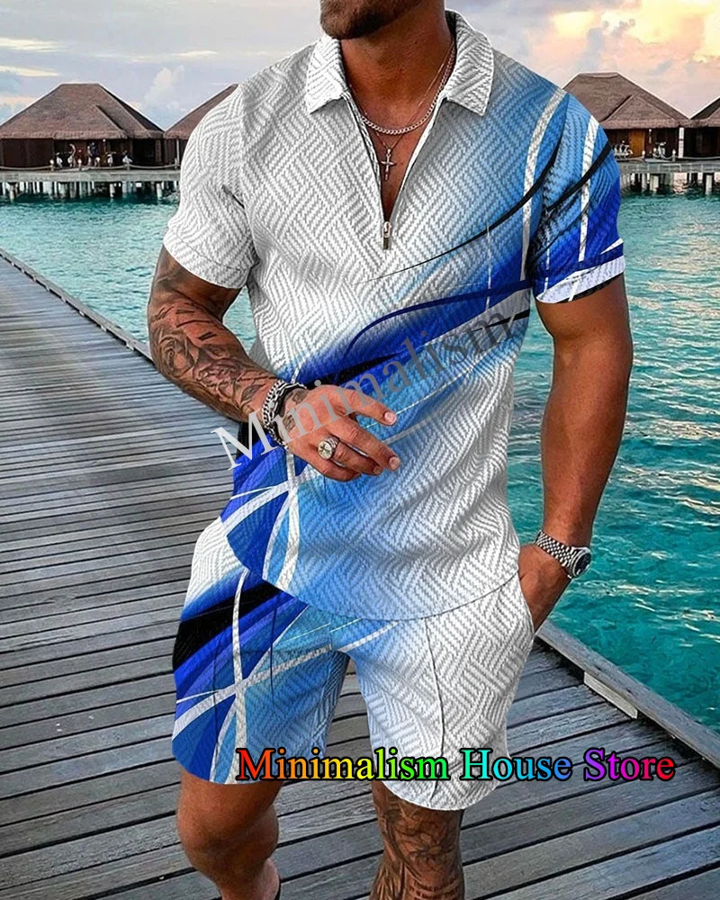 2 Piece Set Outfits Summer Tracksuit For Men 3D Print Short Sleeve Zipper Polo Shirt And Shorts Suit Casual Sports Male Clothes