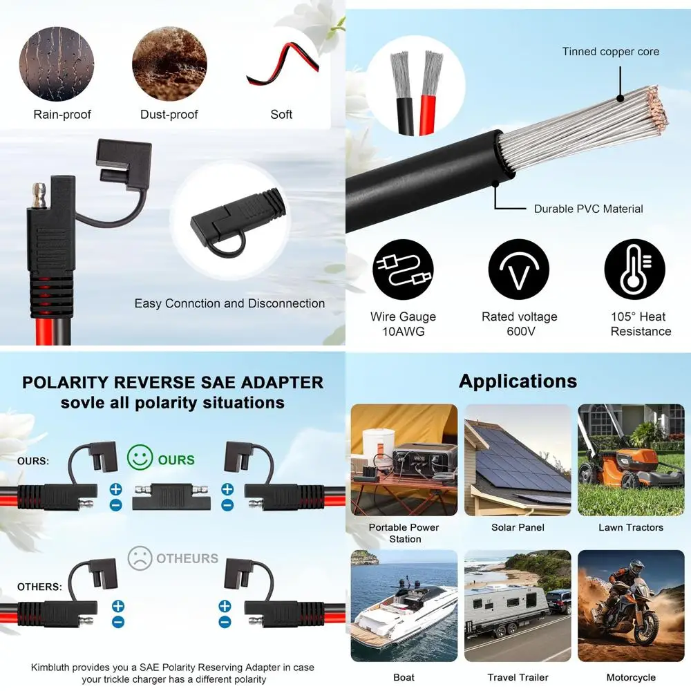 

Кабель-адаптер 10 AWG (панель-разъем SAE), 30 футов, кабель для аккумулятора SAE, удлинительный провод PV с адаптером обратной полярности SAE для автофургонов и прицепов