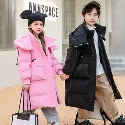 Russian Winter Girl And Boys Long Down Jacket Hooded Thicker White Duck Down Outfit Teenage Winter New Parka Down Coats Wz973