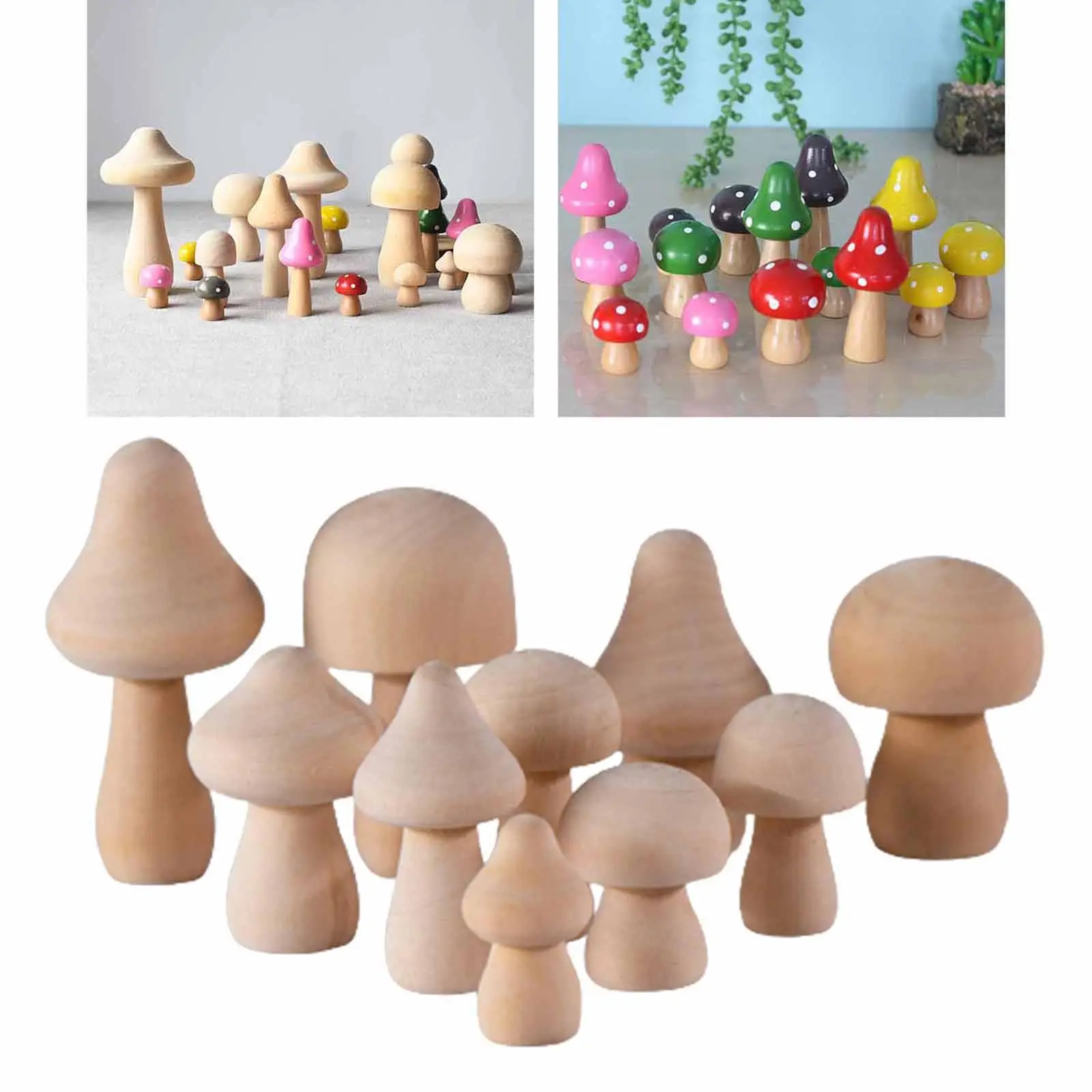 10Pcs Unfinished Mushroom Wooden Plain Art Crafts Peg Dolls Toys for Kids DIY Ornaments