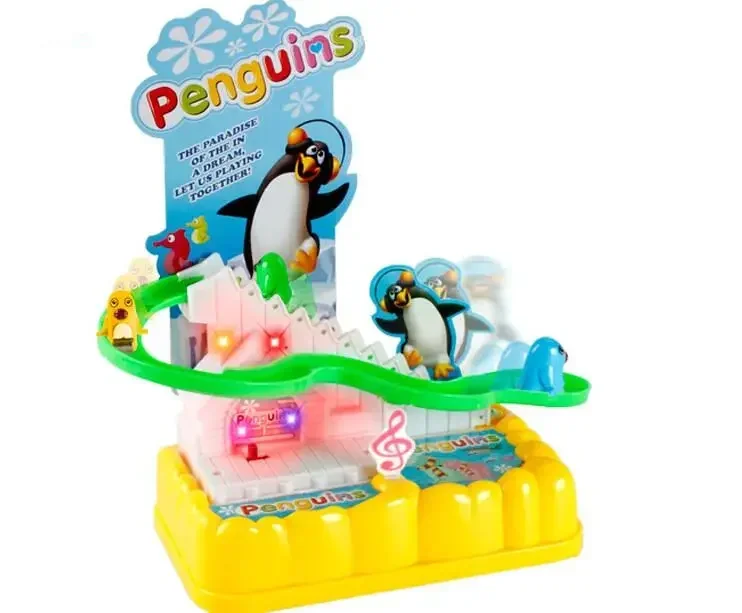 Mascota eléctrica famosa, pingüino pequeño, coche de riel pequeño con música ligera, juguete divertido, regalo para niños y bebés