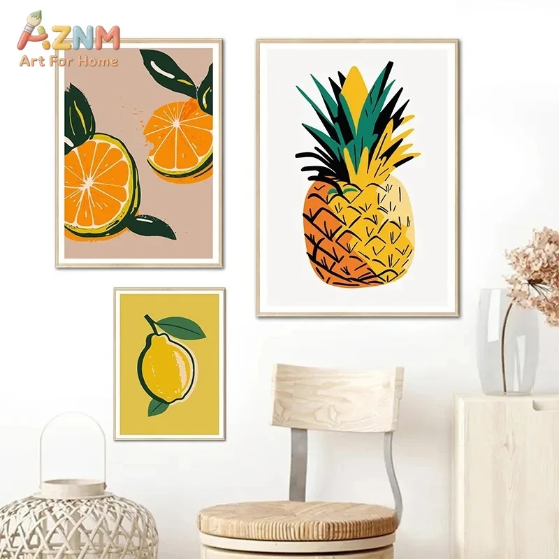 AZNM Colorful Fruit Canvas Wall Art Lemon Orange Strawberry Watermelon Boho Illustration Print Frameless Canvas Painting Kitchen