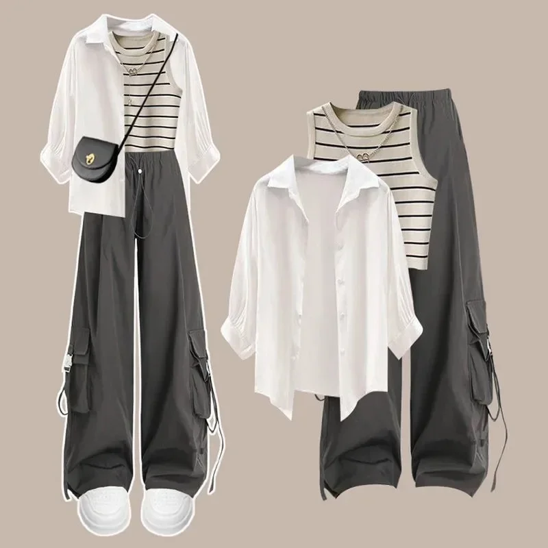 

Summer New Women Cargo Pants Matching Sets Lady Casual White Shirts Stripe Vest Trousers Outfits 2025 Three Quarter Blouse Suits