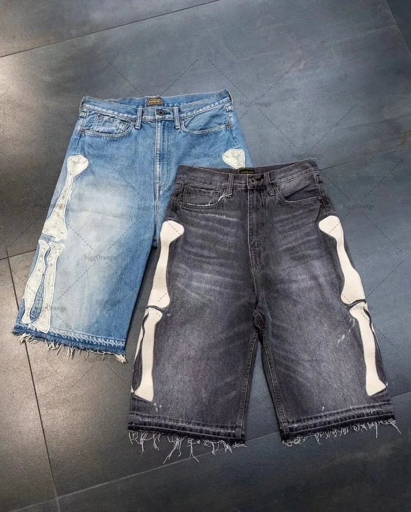 Y2k europejska i amerykańska moda uliczna luźne ubrania Harajuku Retro czaszka Jeans męskie modny, wytarty Casual oversize szorty damskie