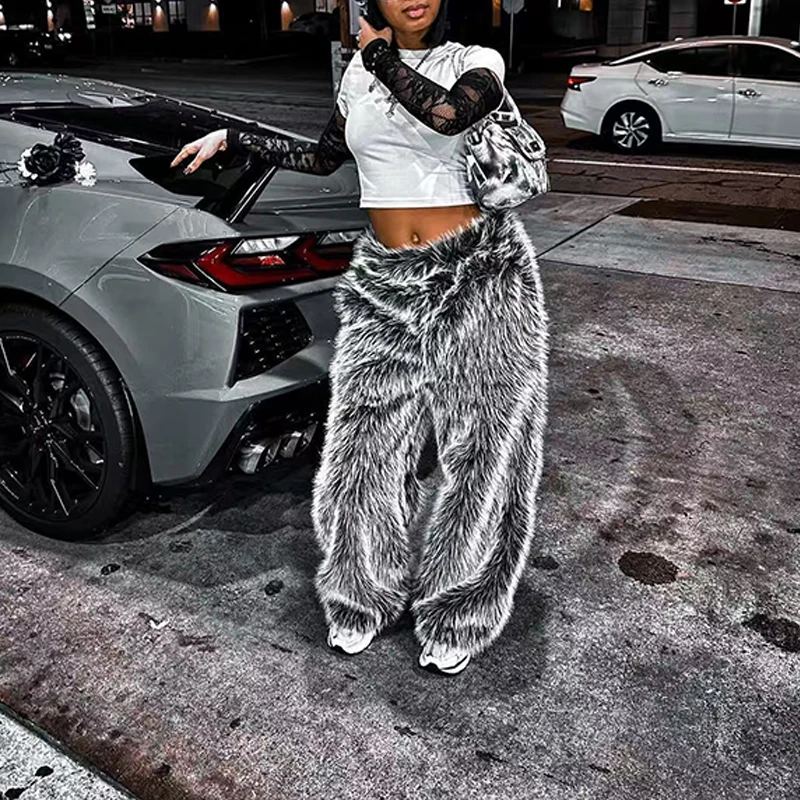 BKLD Hipster Street Style Fluffy Faux Fur Wide Leg Pants American Retro Hottie Elastic Waist Loose Fit Soft Warm Winter Trousers