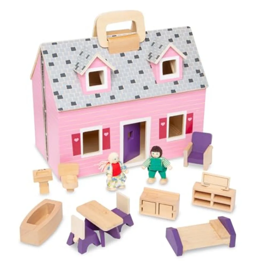 

Portable Mini Wooden Dollhouse with 2 Dolls and 11 Furniture Pieces for Ages 3+ - Fold Go Design in Natural Wood Finish with Pl