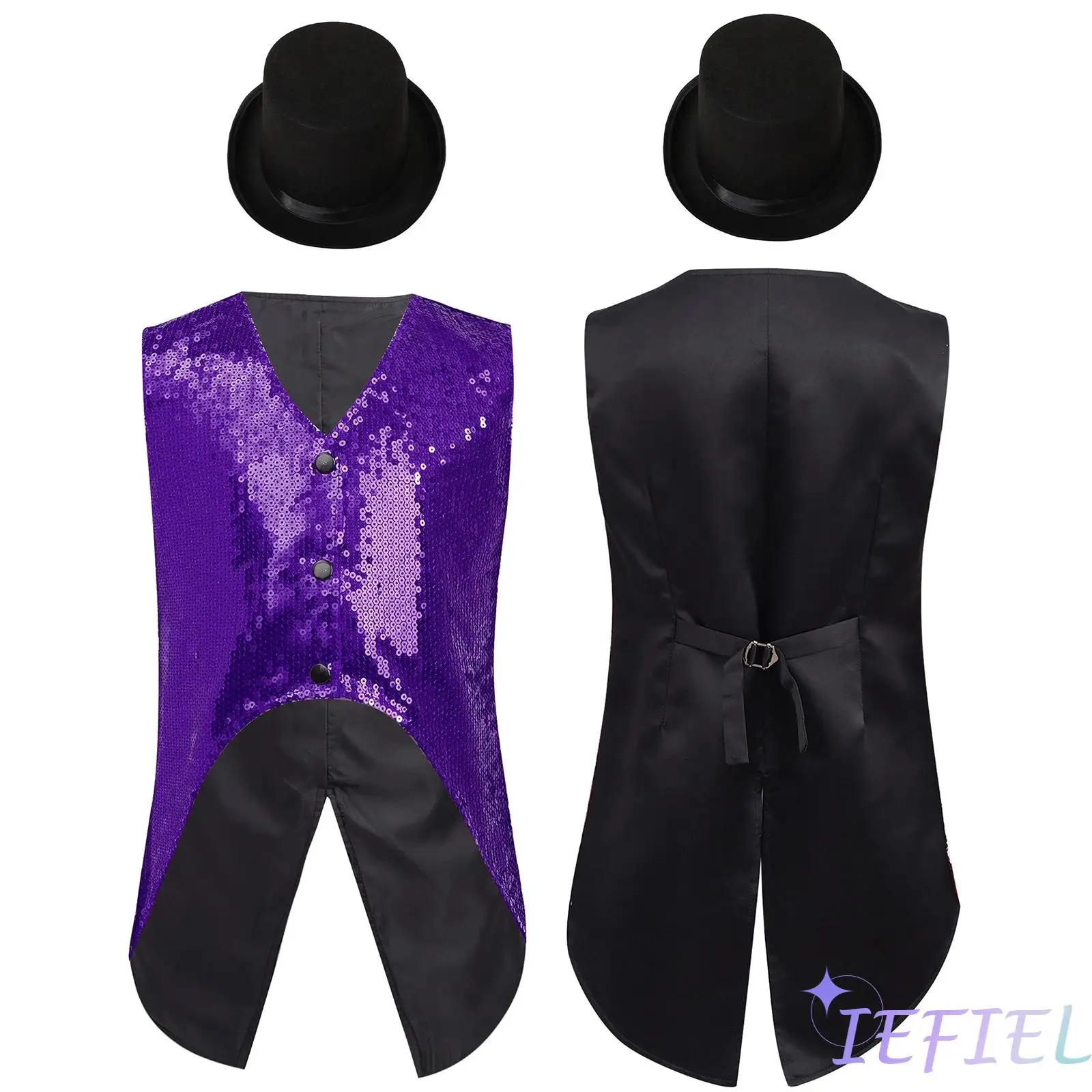 

Kids Boys Stylish 2Pcs Jazz Dance Outfit Sleeveless Asymmetrical Hem Sparkly Sequins Vest with Hat for Jazz Hip Hop Stage Show