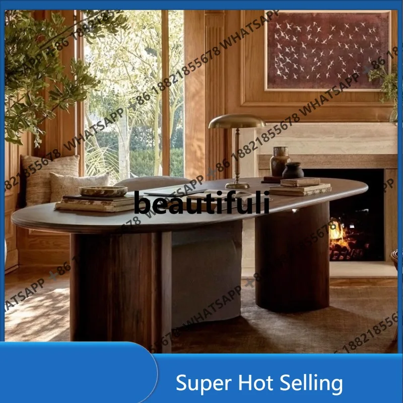 

D85 French dining table retro solid wood oval dining table and chair combination white oak desk