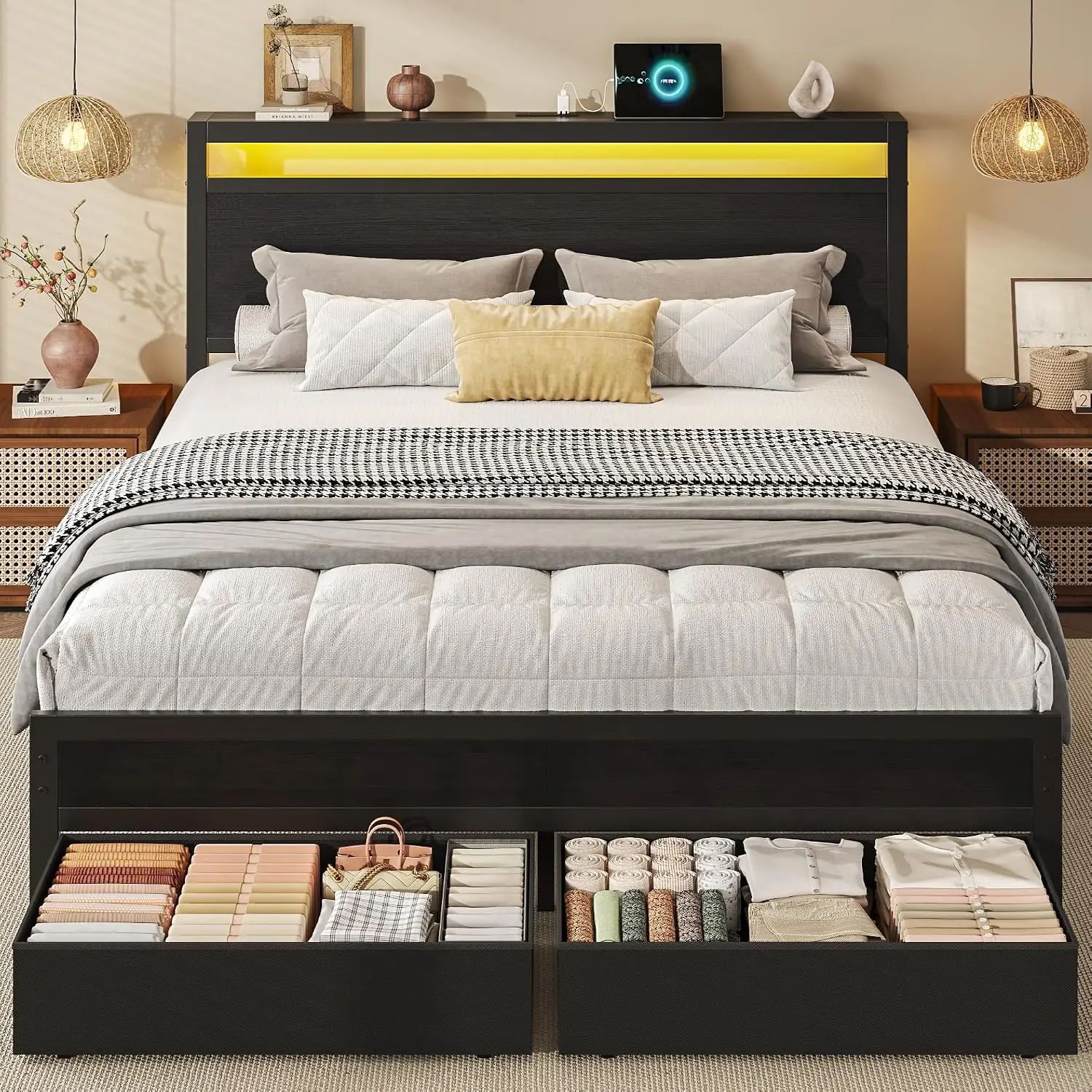 Queen Bed Frame Storage Headboard Charging Station LED Lights Platform Fabric Drawers No Box Spring Black, Customized