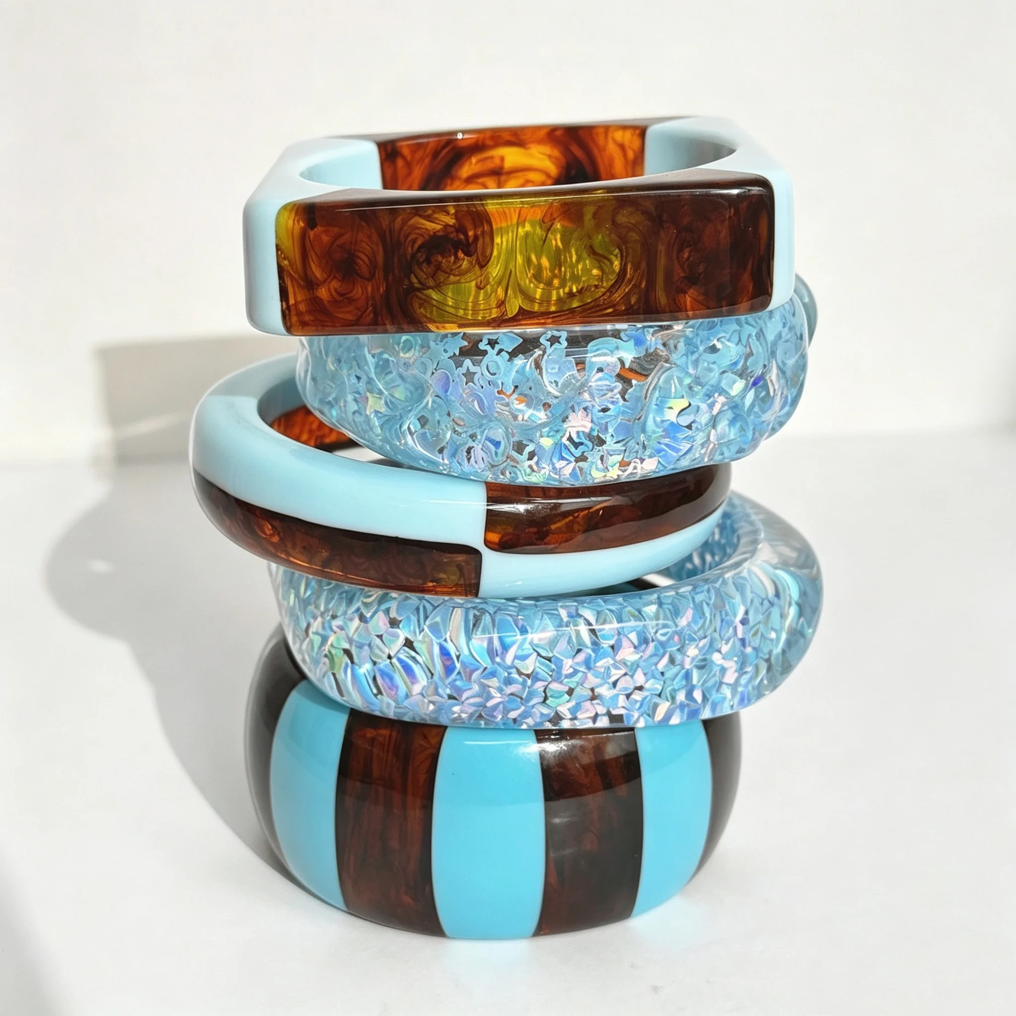 Nueva Pulsera Geométrica de Resina con Parches Azules y Ámbar Transparentes de Estilo Vintage Casual, con Brillantina Cortada con Láser, Perfecta para Fiestas, para Mujer