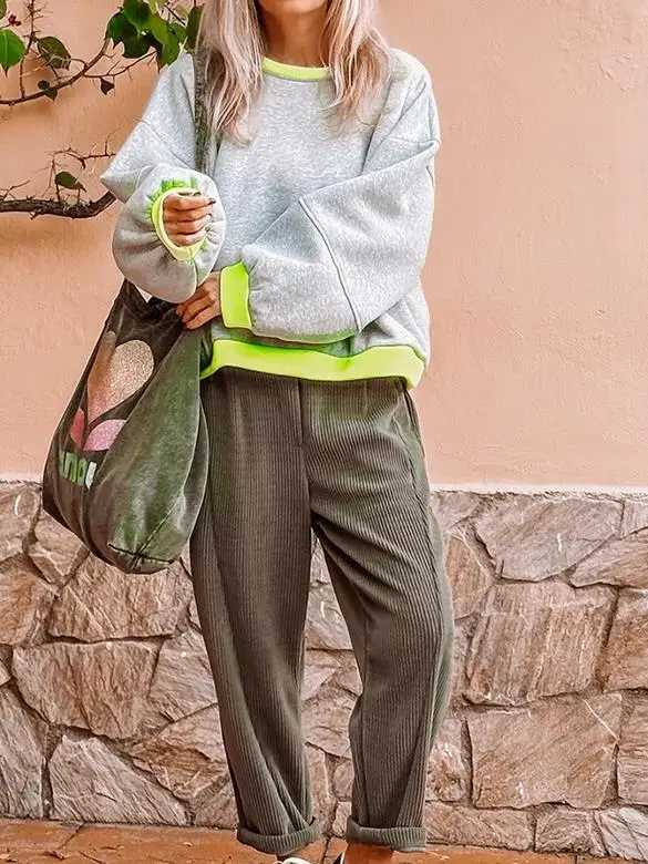 GuliriFei femmes à la mode contraste couleur garniture sweat ample décontracté à manches longues col rond hauts pullover pour l'hiver automne