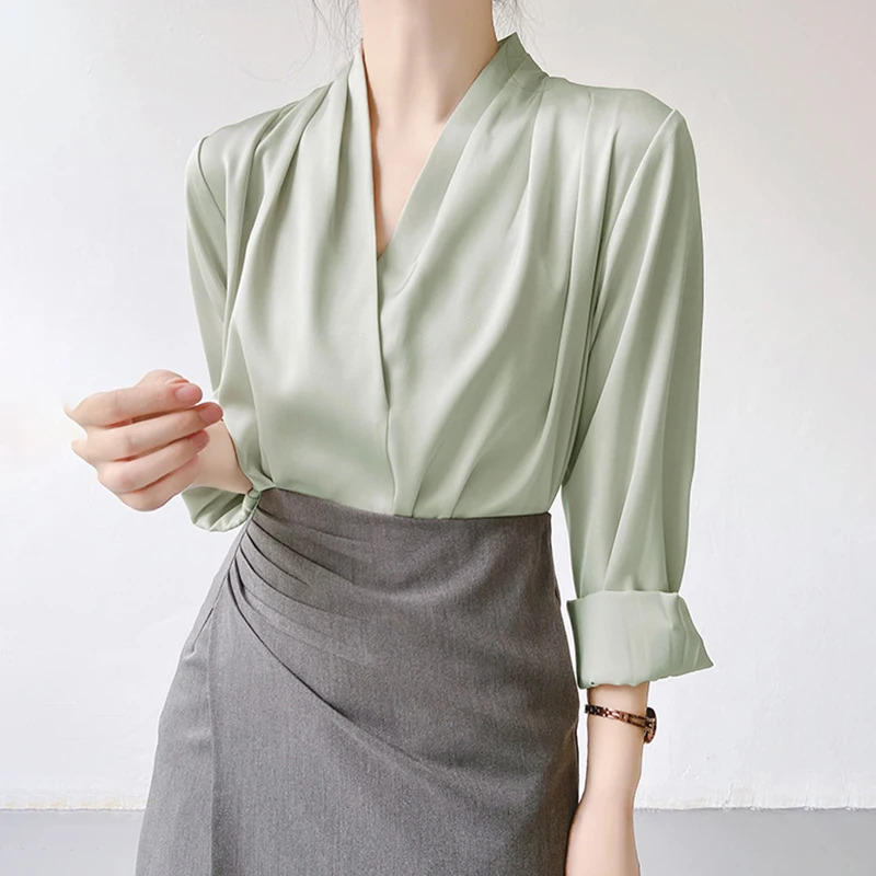

Spring Autumn Elegant Satin Cross V-neck Women's Blouse 2025 New White Long Sleeve Korean Casual Loose Office Lady Shirts Female