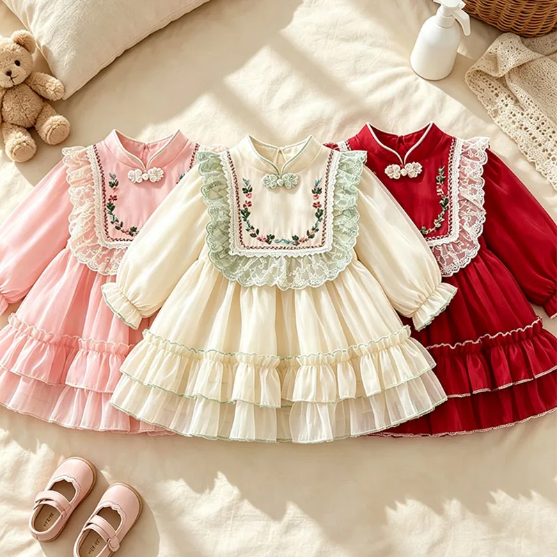 Autumn Winter Baby Girl Court Dresses Long Sleeve Children's Clothes Lace European And American Style Kids Costume 0 To 3 Years