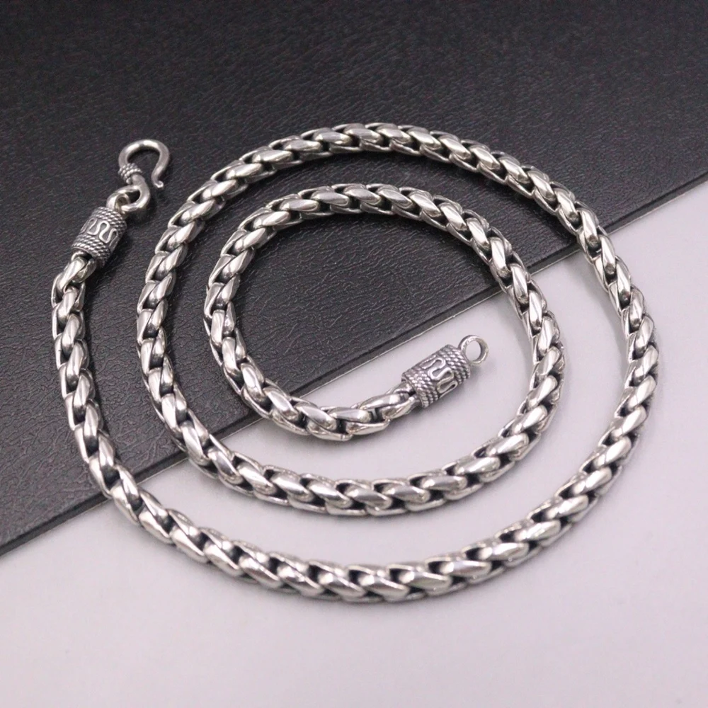 Real Solid 925 Sterling Silver Chain Men Lucky 5mm Twist Wheat Necklace 68-69g/55cm