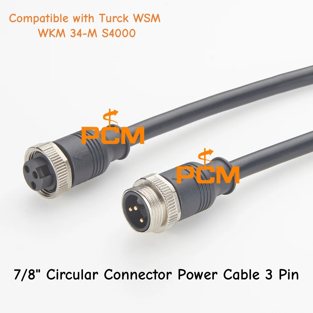 7/8" Circular Connector Power Extension Cable 3 Pin Male to Female Compatible with Turck WSM WKM 34-M S4000 for PLC I/O Modules