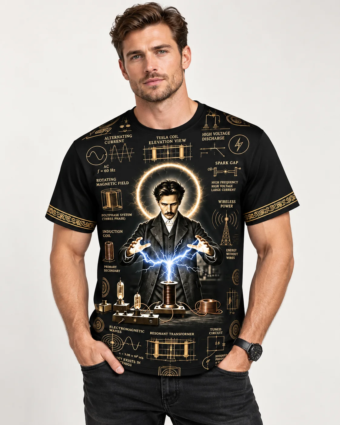 Scientists Full Color 3D Digital Printed T-shirt Marie Curie Newton Tesla Physical Formula Round Neck Loose Quick Drying Top