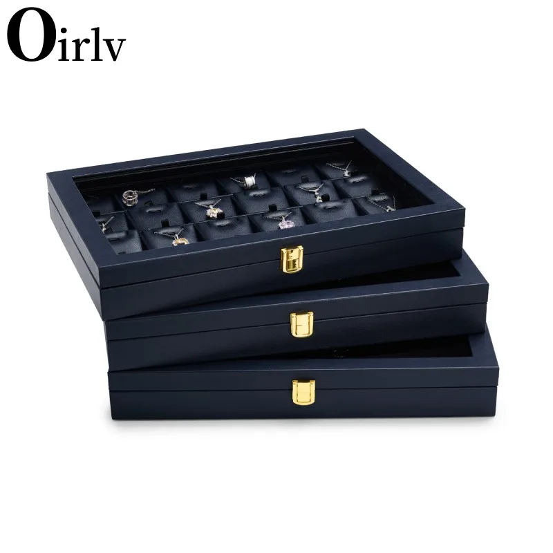 Oirlv Blue Jewelry Organizer Tray Acrylic Lid Premium Leather Jewelry Box Transparent Lid Drawer Insert Jewelry Display Case