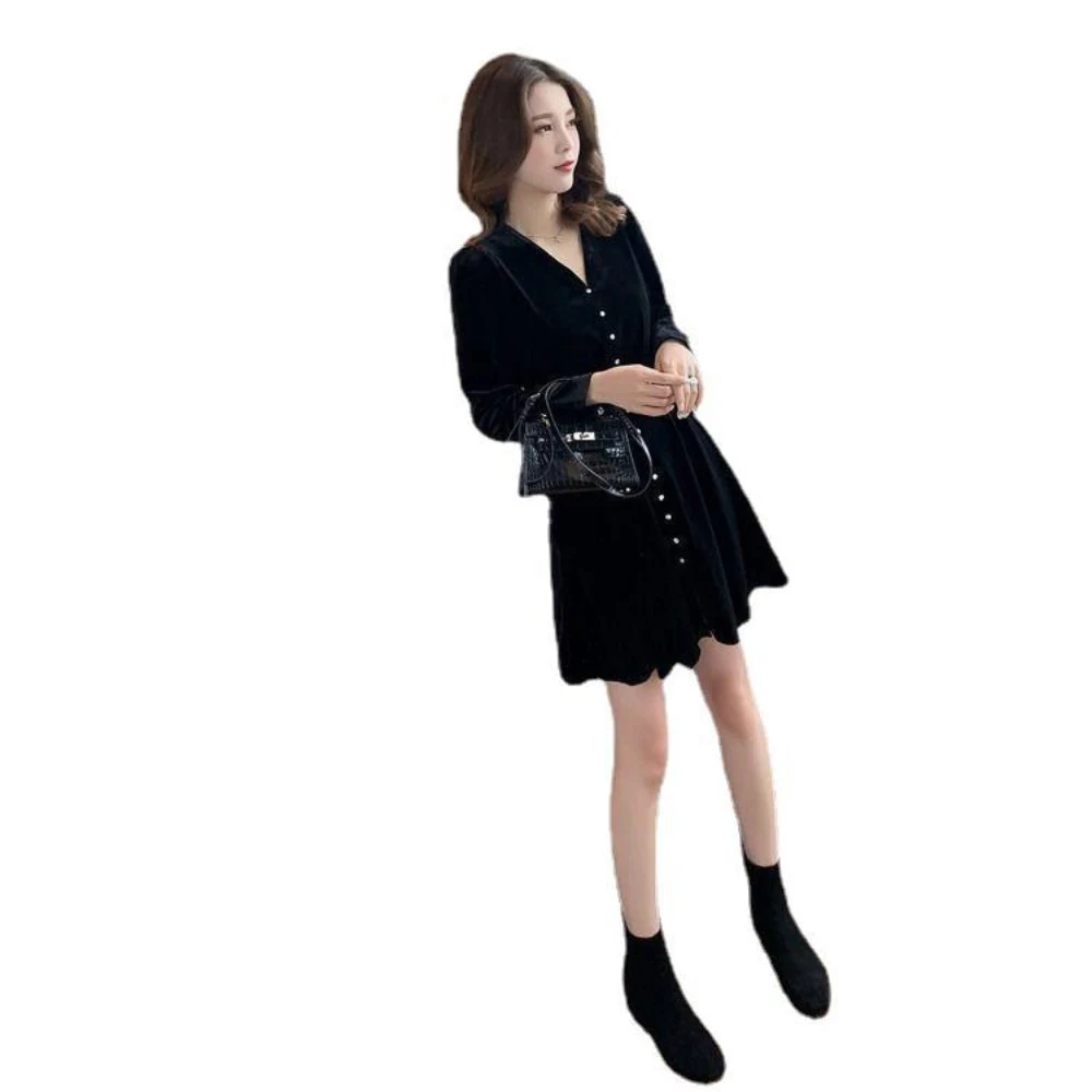 Velvet Dress for Women Autumn Elegant Temperament Velour Solid V-Neck A-Line Long Sleeve Short Office Lady Dresses for 18-24Y