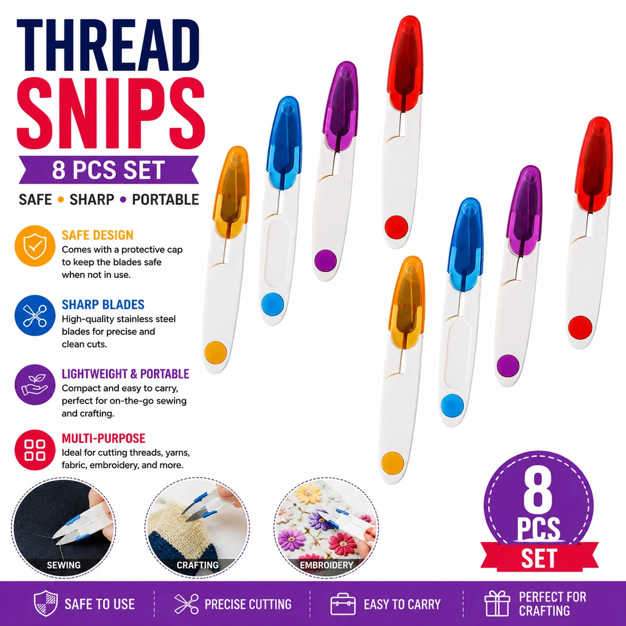8 pcs Colorful Thread Snips Portable Sewing Scissors with Safety Caps for DIY Craft Sewing Embroidery Yarn Cutting