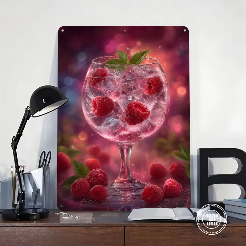 Raspberry Cocktail With Ice and Mint Tinplate Poster Custom Wall Art Vintage Metal Signs Retro Tin Plaque for Wand Deko Home