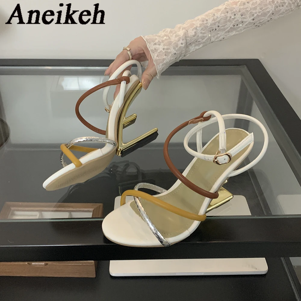 Aneikeh Summer Fashion Fretwork Heels Cross Striped Color Blocked High-heeled Sandals Women Ankle Buckle Strap Gladiator Shoes