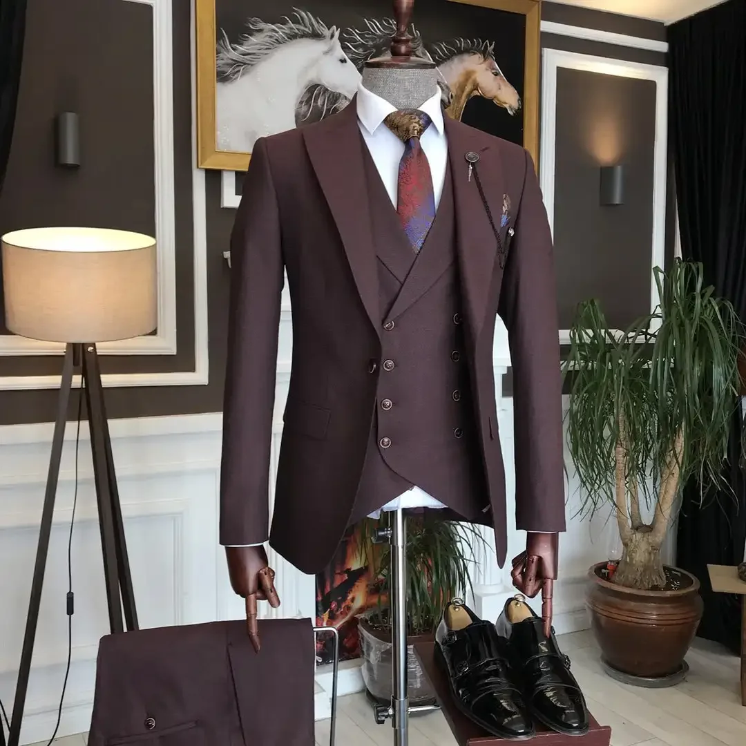 

Dark Burgundy Men's Suits Peak Lapel Formal Double Breasted Vest Wedding Party Tuxedos Male Three Pieces Jacket Pants Custom