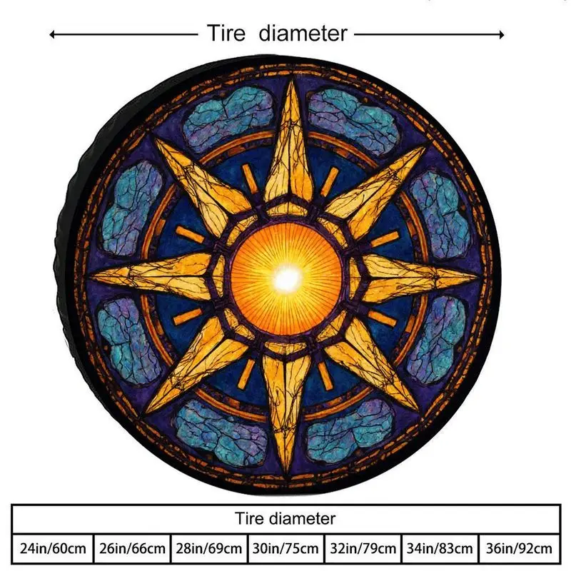 Round Colorful Glass Style Car Tire Cover With Bright Yellow-Orange Sun Rays On Black Background, Eight-Pointed Star With Yellow