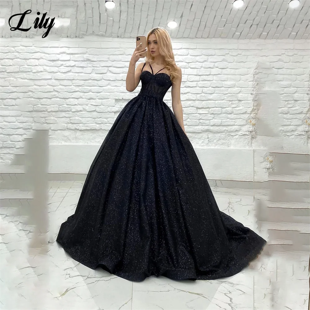 Lily Sequin A Line Black Prom Dresses for Women Spaghetti Strap Sleeveless вечернее платье Sweetheart Custom Color Party Dress