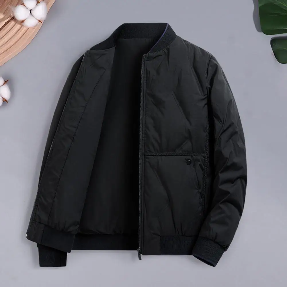 

Men Cotton Coat Solid Color Stand Collar Long Sleeve Casual Baseball Style Coat with Pockets Winter Thickened Warm Outerwear