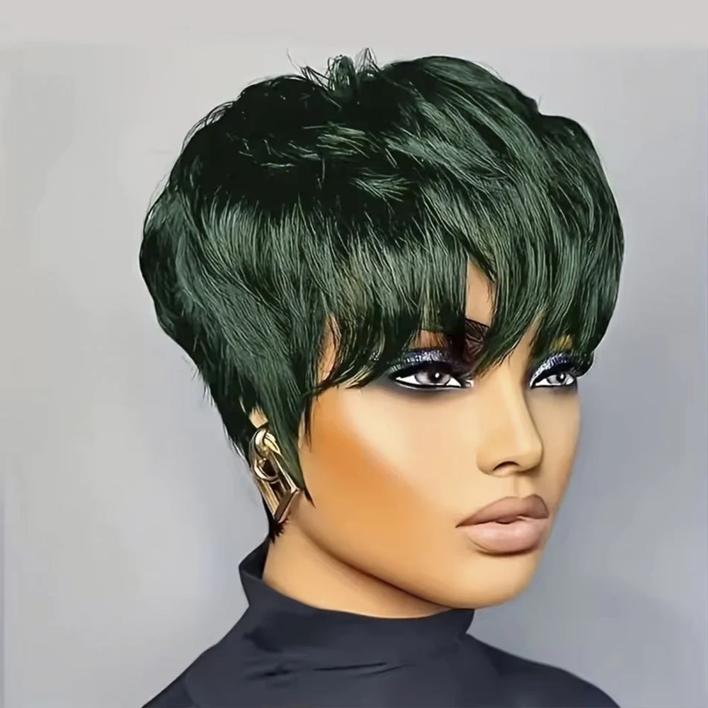 Parrucca corta con taglio pixie Parrucche per capelli umani lisci verdi Capelli brasiliani con frangia pre pizzicata per donne Capelli umani al 100% realizzati a macchina