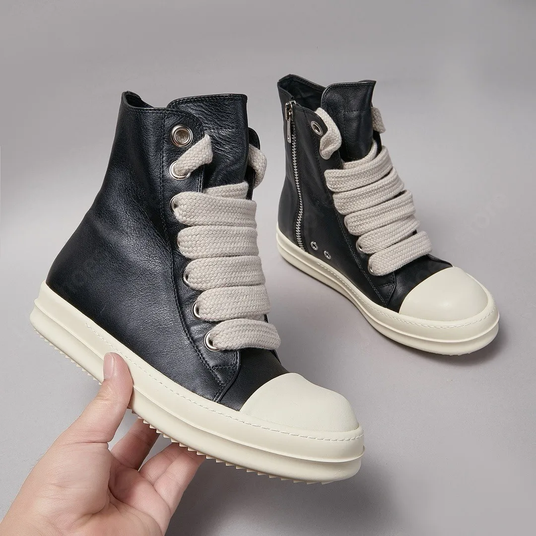 Ricks Mannen Schoen Zwart Lederen Hoge Schoen Jumbo Veters Owen Vrouwen Sneaker Casual Schoen Owens Ontwerp Rits Enkellaarsjes Sneakers