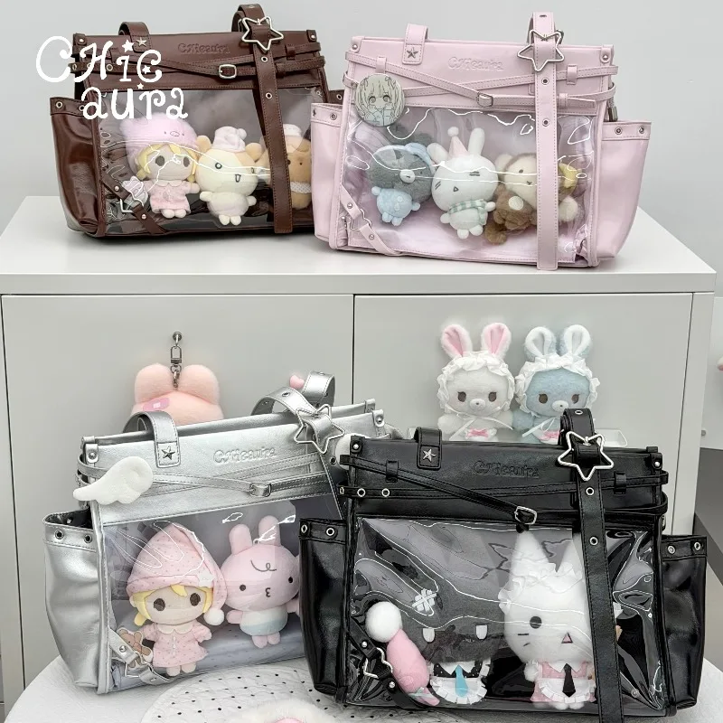 Women Sweet Lolita PU Ita Tote Bag Star Buckle Lace-up Design Clear Window Kawaii Doll Badge Collection Shoulder Handbag Girl