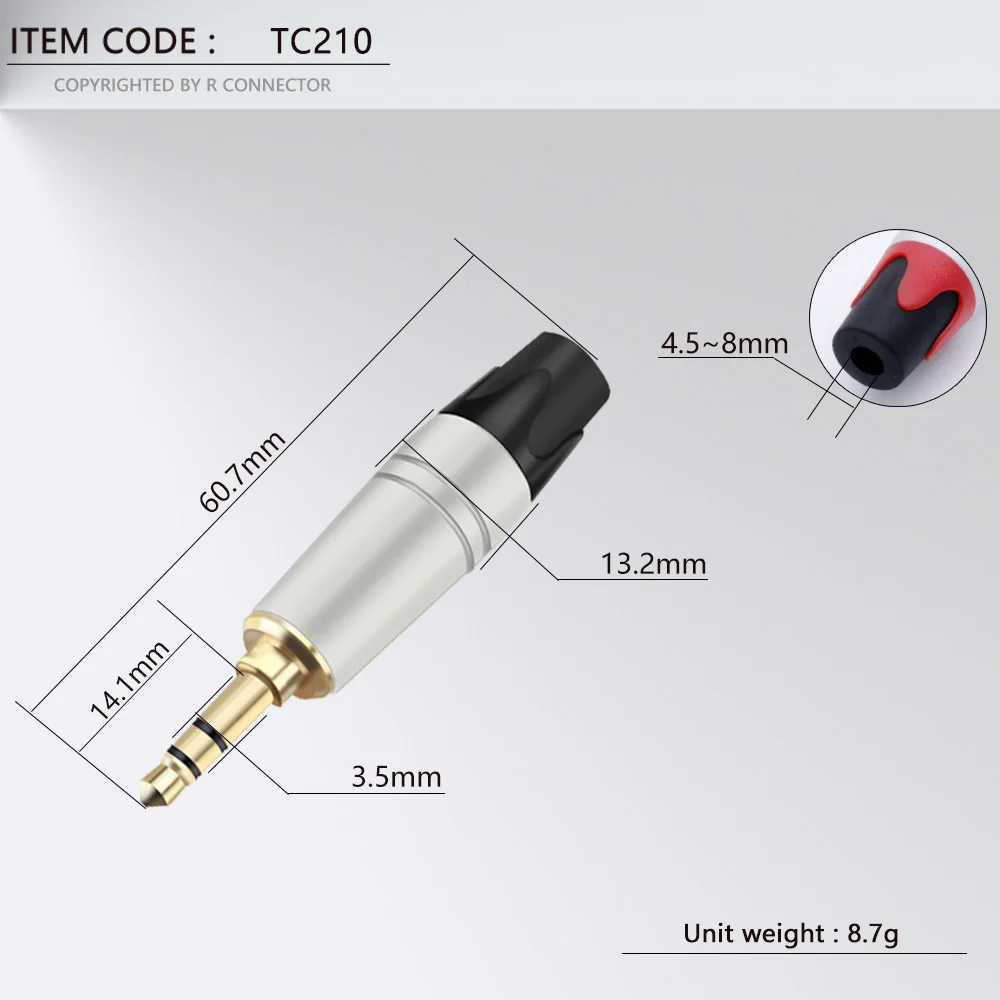 8pcs/4pairs 3.5mm jack connector 3poles gold plated jack 3.5mm audio connector max. 6mm wires red + black color