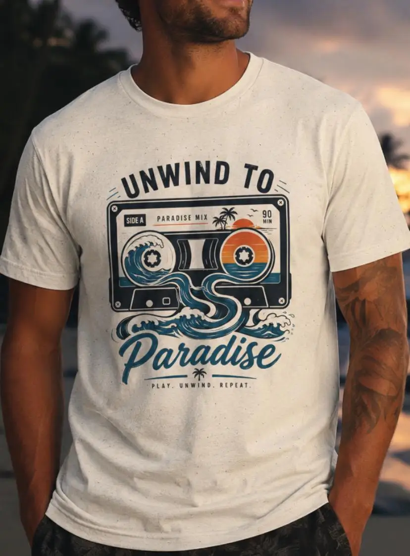Unwind To Paradise Shirt, Retro Beach Vacation T-Shirt, Coastal Summer Graphic Tee, Ocean Wave Cassette Shirt, Beach