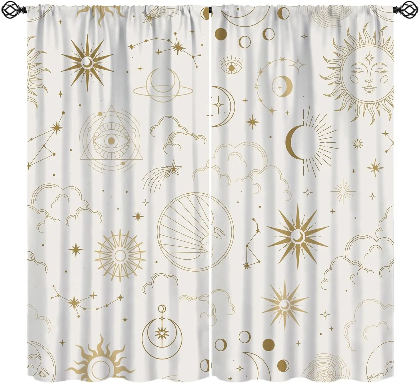 Golden Celestial Curtain Panels, Boho Sun Moon Star Constellation Evil Eye Print Drapes for Bedroom Window Living Home Decor