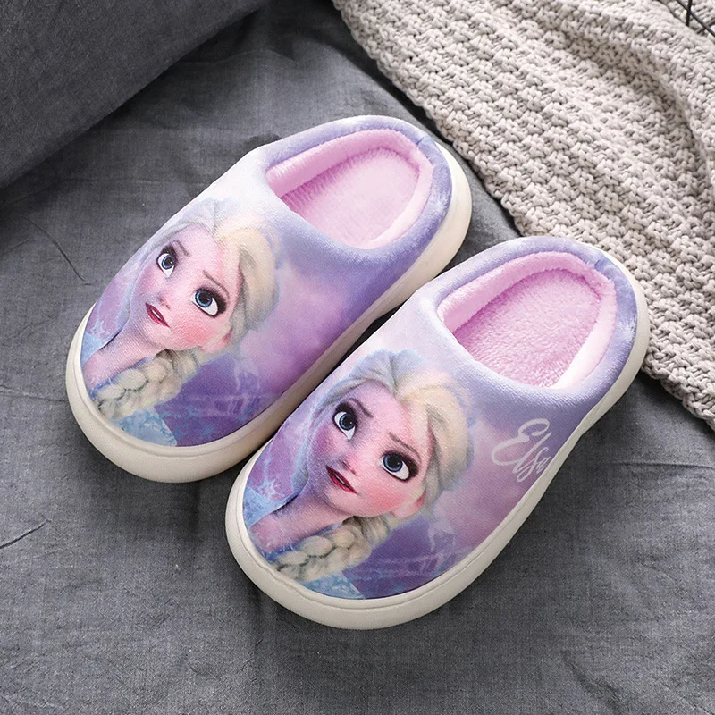 Disney Winter Cute Cartoon Non-slip Children\'s Plush Slippers Soft Sole Flip Flops Kids Girls Indoor Mule Warm Home Cotton Shoes