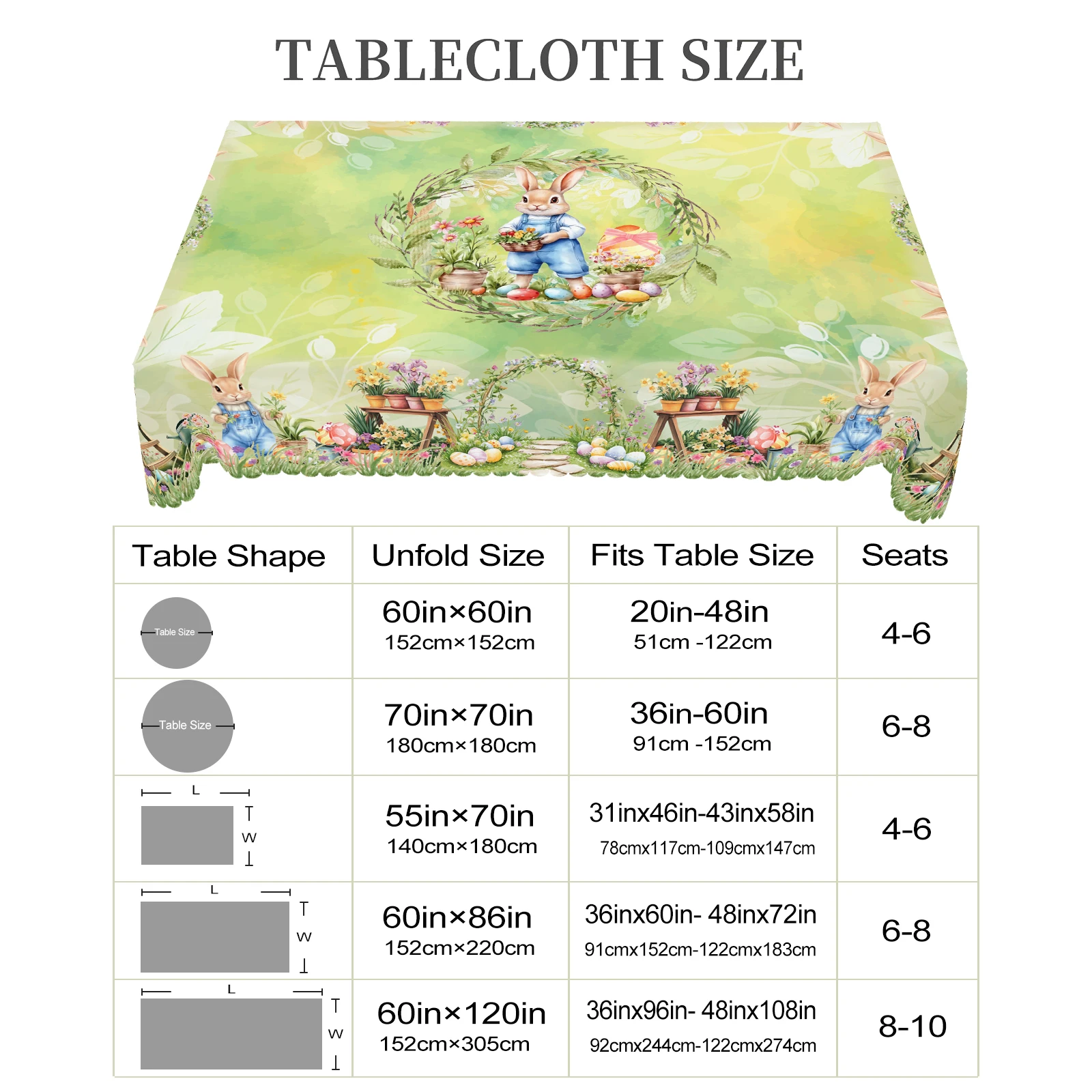 1 Easter Round Tablecloth, 5 Sizes Available, Retro Style Garden Easter Bunny Egg Print Tablecloth, Edge Embossing Process, Spring Garden Tablecloth