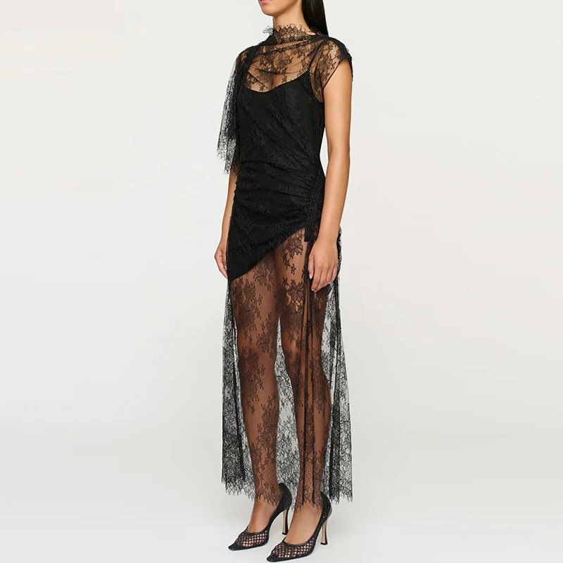 فستان نسائي أنيق برقبة دائرية وأكمام قصيرة فستان طويل أنيق مطوي قابل للتمدد للحفلات مثير من الدانتيل والتطريز فستان سهرة نحيف