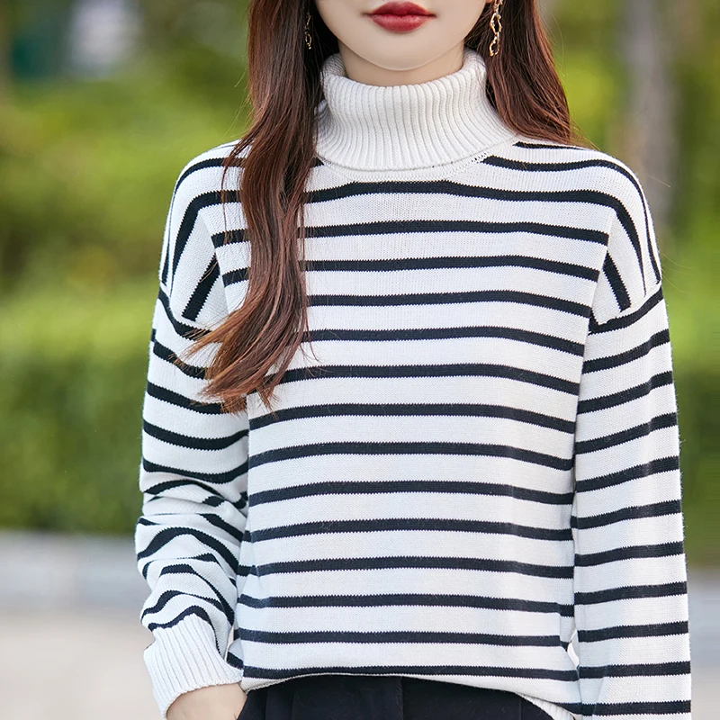 Outono e inverno novo algodão de malha listrado acolchoado camisola feminina lapela alta manga comprida casaco de fundo de algodão